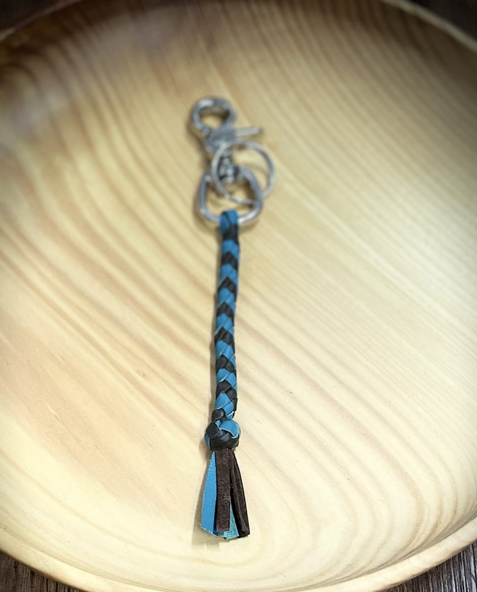 "PLAITED LEATHER KEYRING" ~ in Teal & Dark Brown by Wanita Stanley