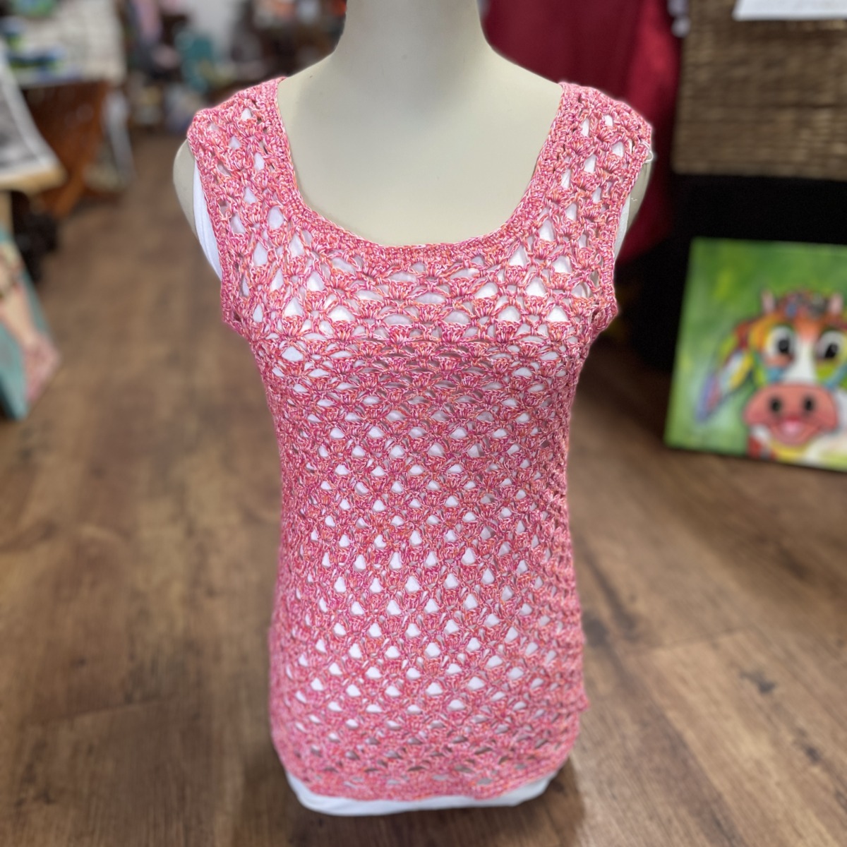 Hand Crocheted Top in Variegated Watermelon Pink