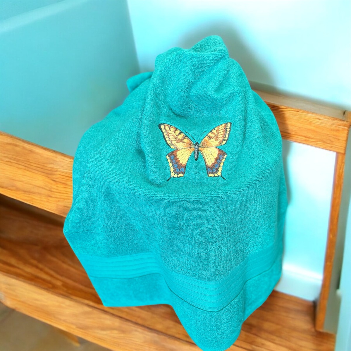 "JADE GREEN BATH TOWEL ~ With Machine Embroidered Butterfly by Christine Else