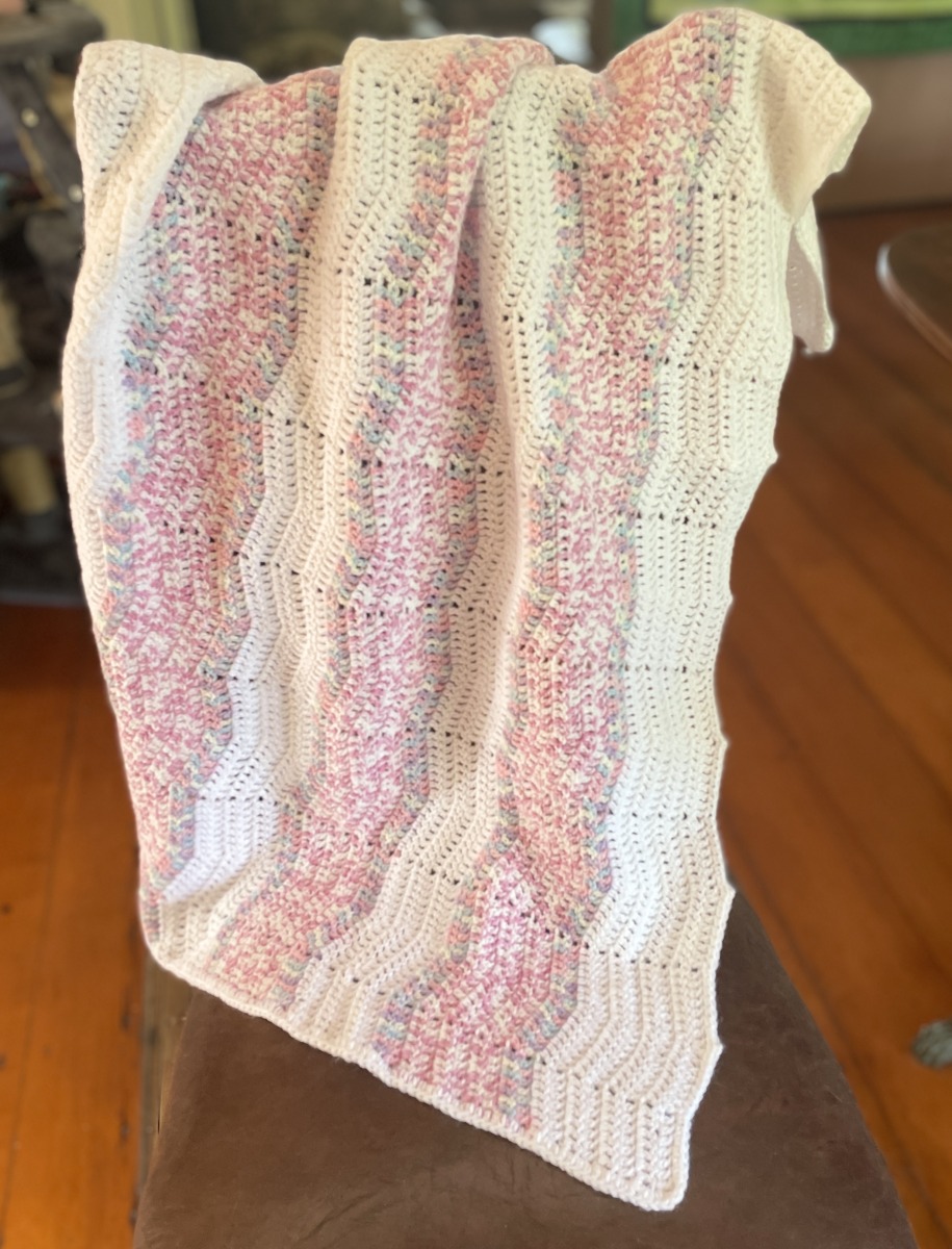 Crocheted Baby Blanket in White & Pink - Image 4