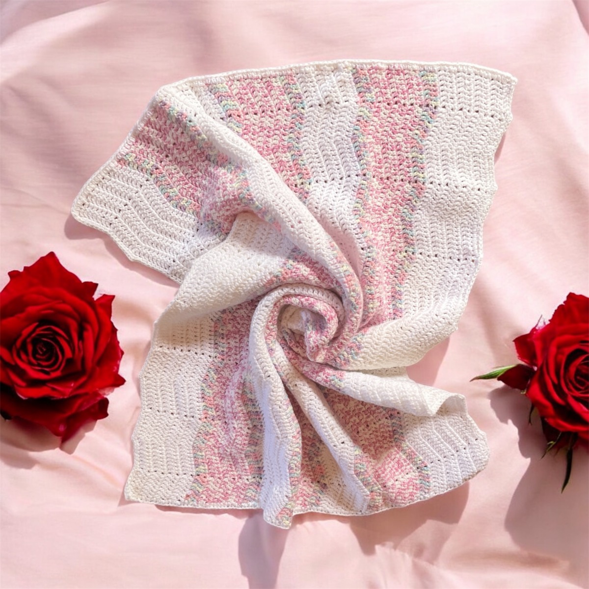 Crocheted Baby Blanket in White & Pink - Image 2