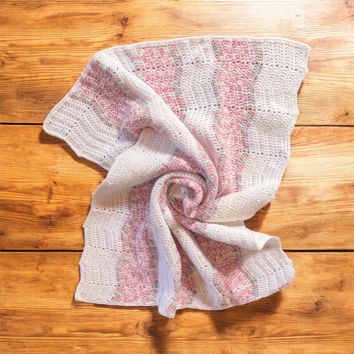 Crocheted Baby Blanket in White & Pink