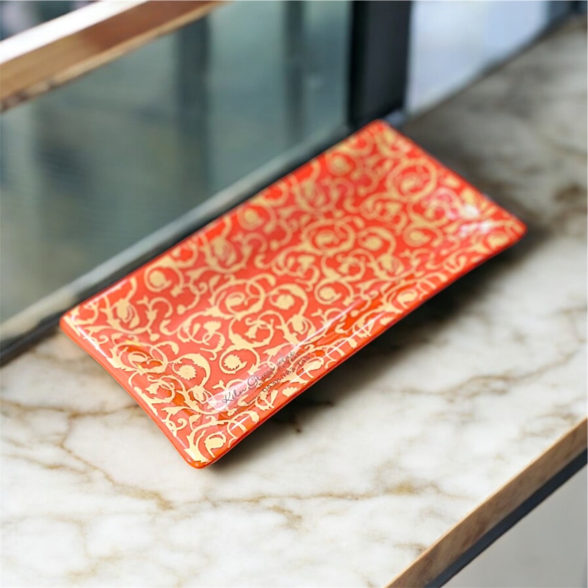 "ORANGE WITH GOLD SWIRLS" ~ Glass Half Tim-Tam Tray by Sylvia Free - Image 2