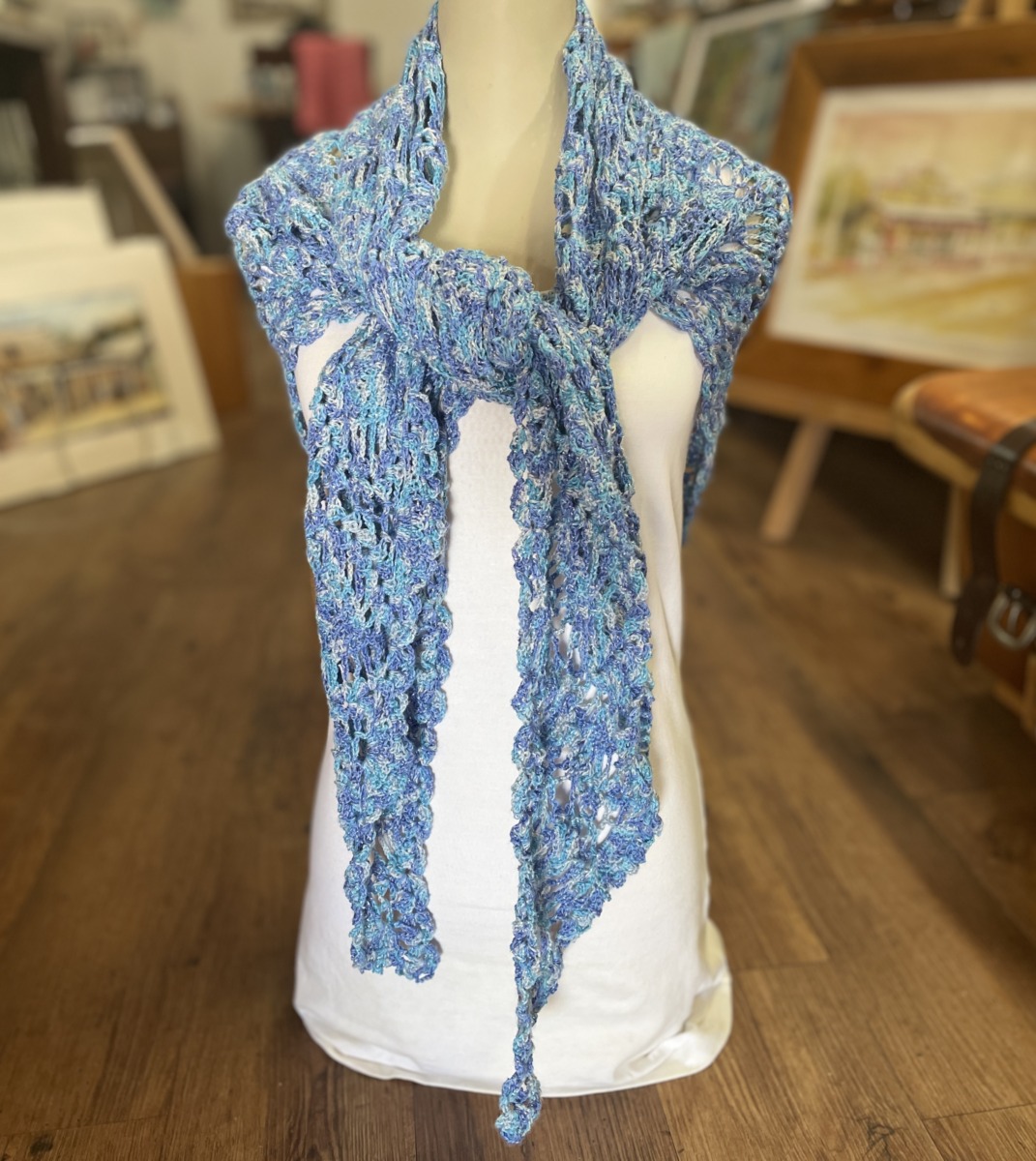 Hand Crocheted Shawl - Pineapple in Variegated Blues with Sparkles - Image 8