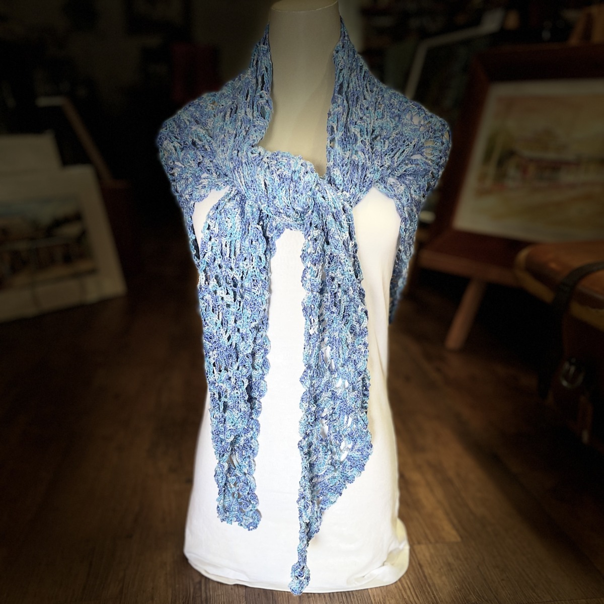Hand Crocheted Shawl - Pineapple in Variegated Blues with Sparkles - Image 7