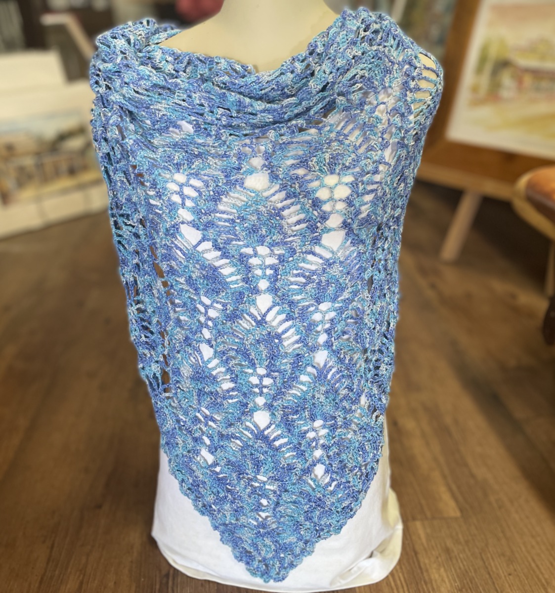 Hand Crocheted Shawl - Pineapple in Variegated Blues with Sparkles