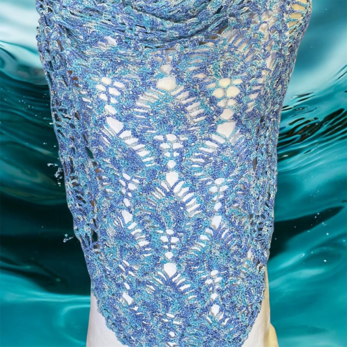 Hand Crocheted Shawl - Pineapple in Variegated Blues with Sparkles - Image 4