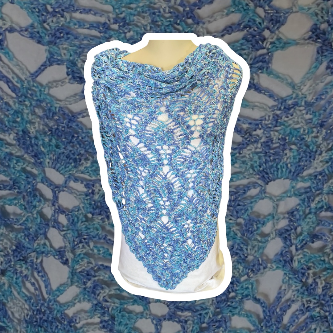 Hand Crocheted Shawl - Pineapple in Variegated Blues with Sparkles - Image 3