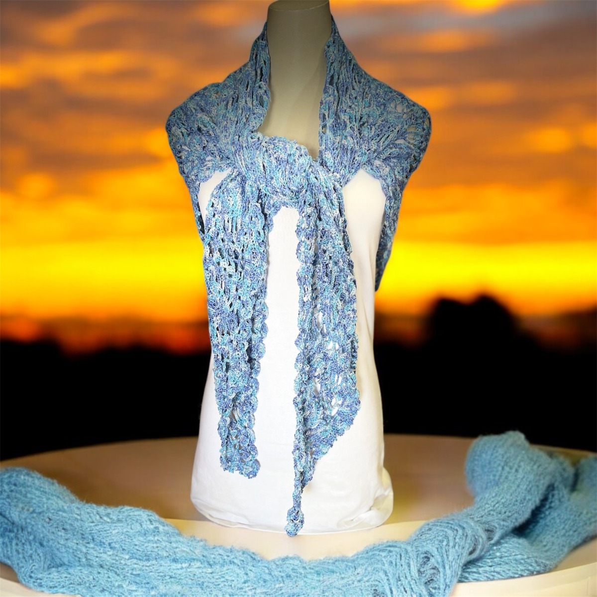Hand Crocheted Shawl - Pineapple in Variegated Blues with Sparkles - Image 2