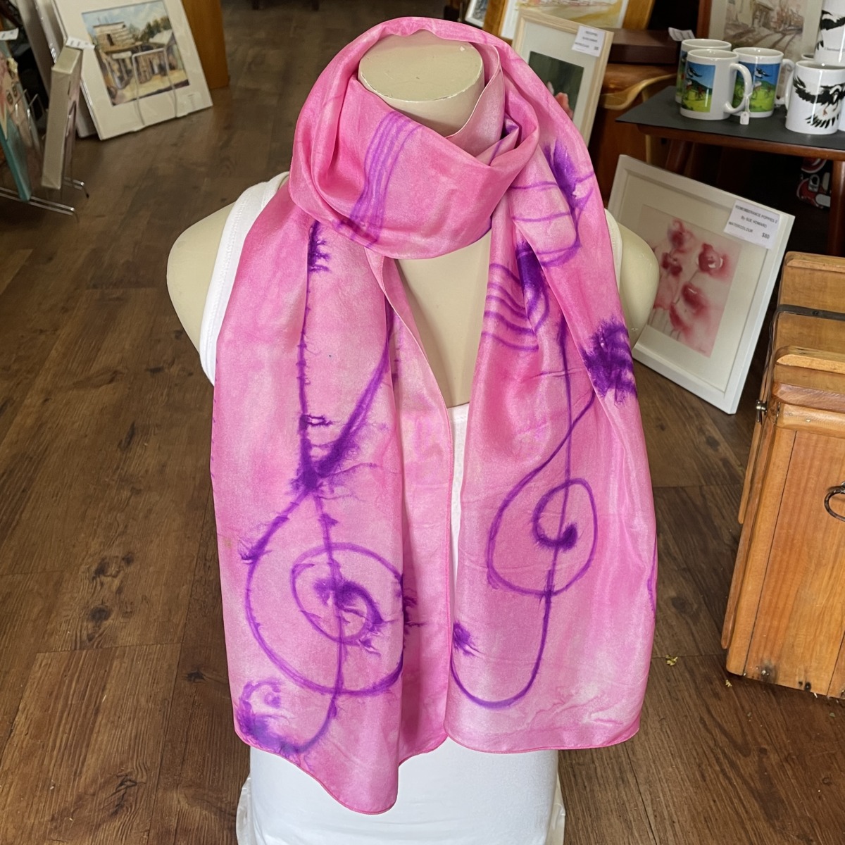 "PURE SILK SCARF - MUSIC IN THE PINK" ~ Hand Painted by Anne Grant - Image 3