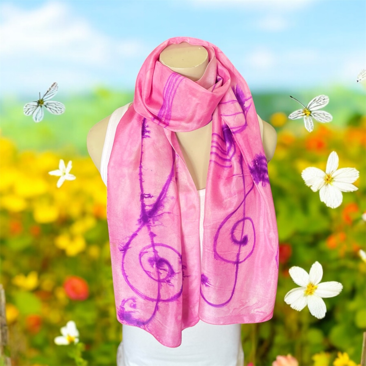 "PURE SILK SCARF - MUSIC IN THE PINK" ~ Hand Painted by Anne Grant - Image 5