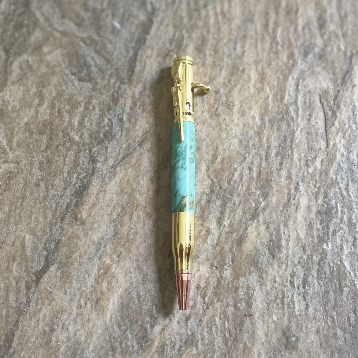 "TURNED TIMBER BULLET PEN" ~ in Turquoise Maple by Murray Broomhill - Image 5