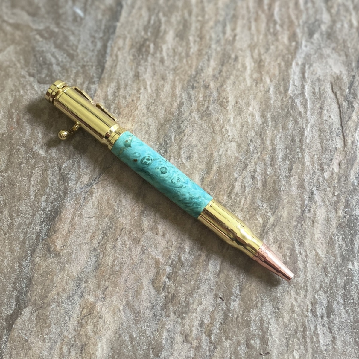 "TURNED TIMBER BULLET PEN" ~ in Turquoise Maple by Murray Broomhill - Image 4