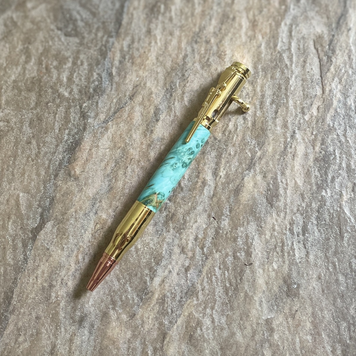 "TURNED TIMBER BULLET PEN" ~ in Turquoise Maple by Murray Broomhill - Image 3