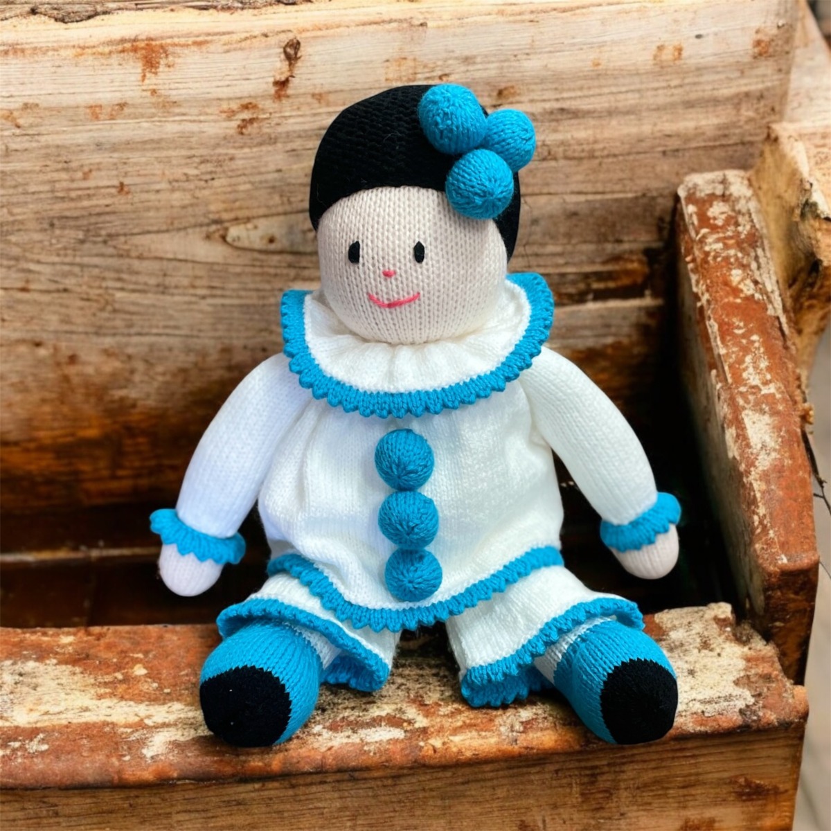 "FRENCH CLOWN IN BLUE ~ Hand Knitted Soft Toy by Lee Stewart - Image 4