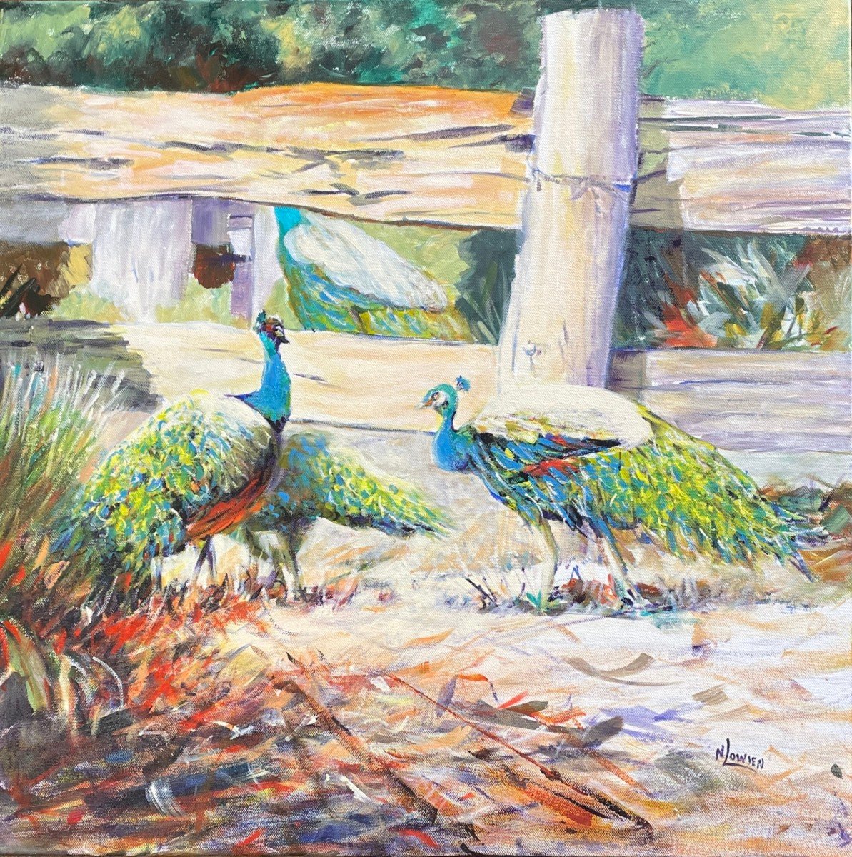 "SUNNY PEACOCKS" ~ Original Acrylic Painting by Noela Lowien