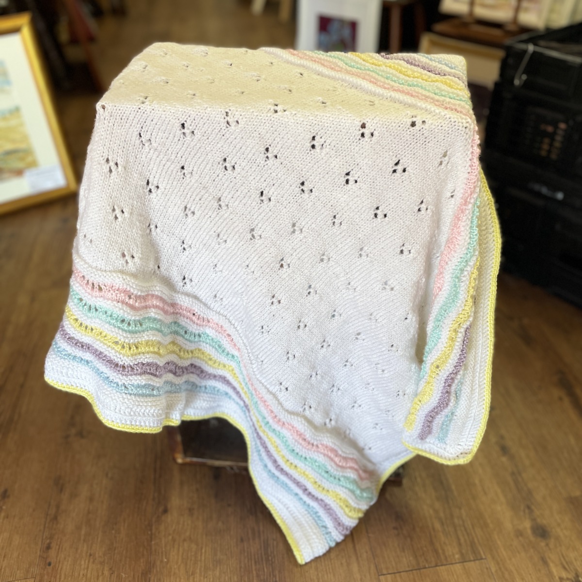 Knitted Baby Blanket in White with Coloured Stripes - Image 5