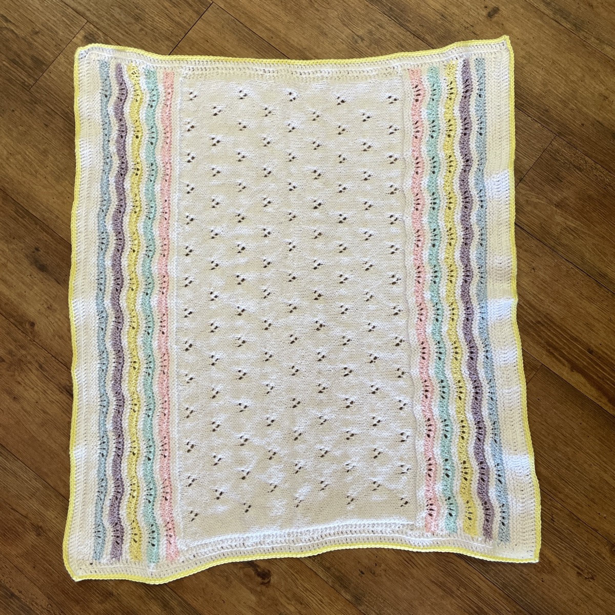 Knitted Baby Blanket in White with Coloured Stripes - Image 4