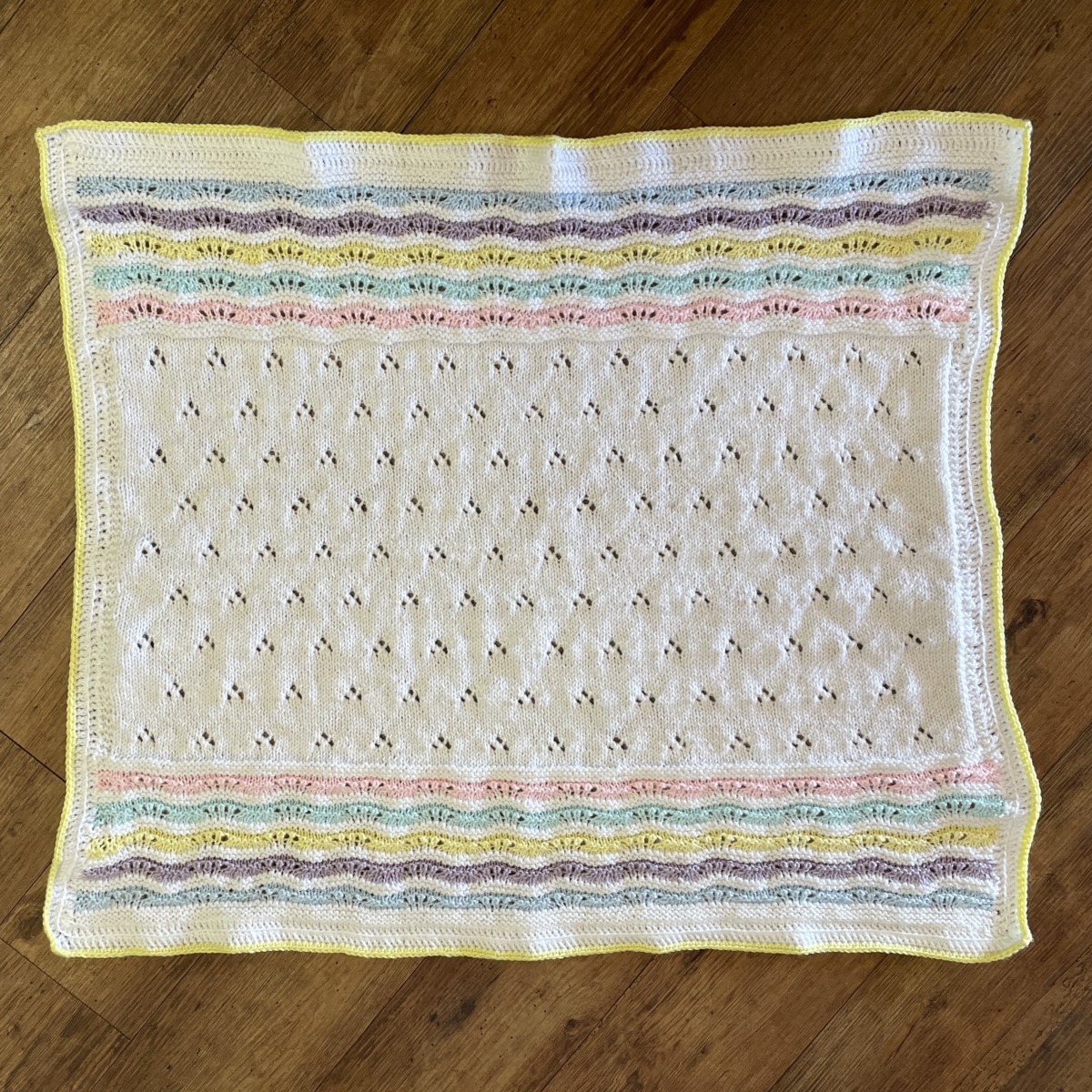 Knitted Baby Blanket in White with Coloured Stripes - Image 3