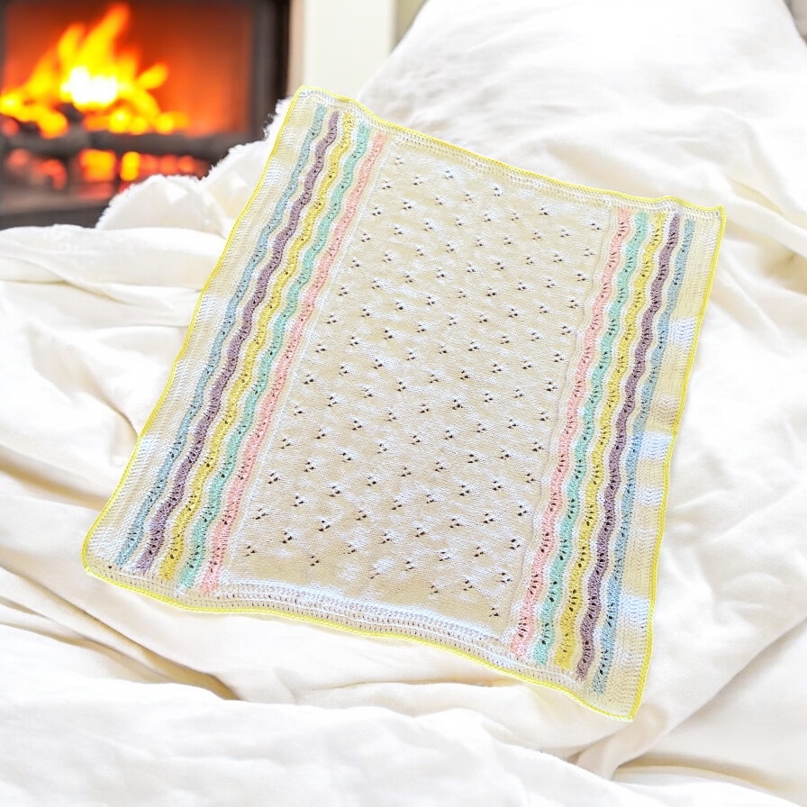 Knitted Baby Blanket in White with Coloured Stripes - Image 2