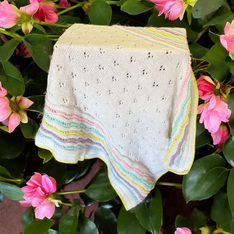 Knitted Baby Blanket in White with Coloured Stripes