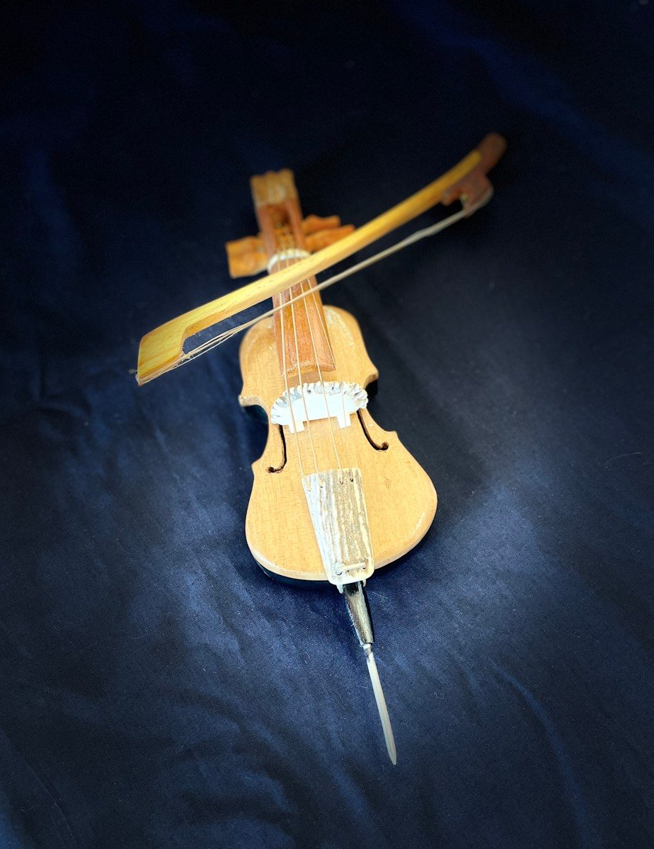Hand Carved Cello and Bow on a Stand - Image 2