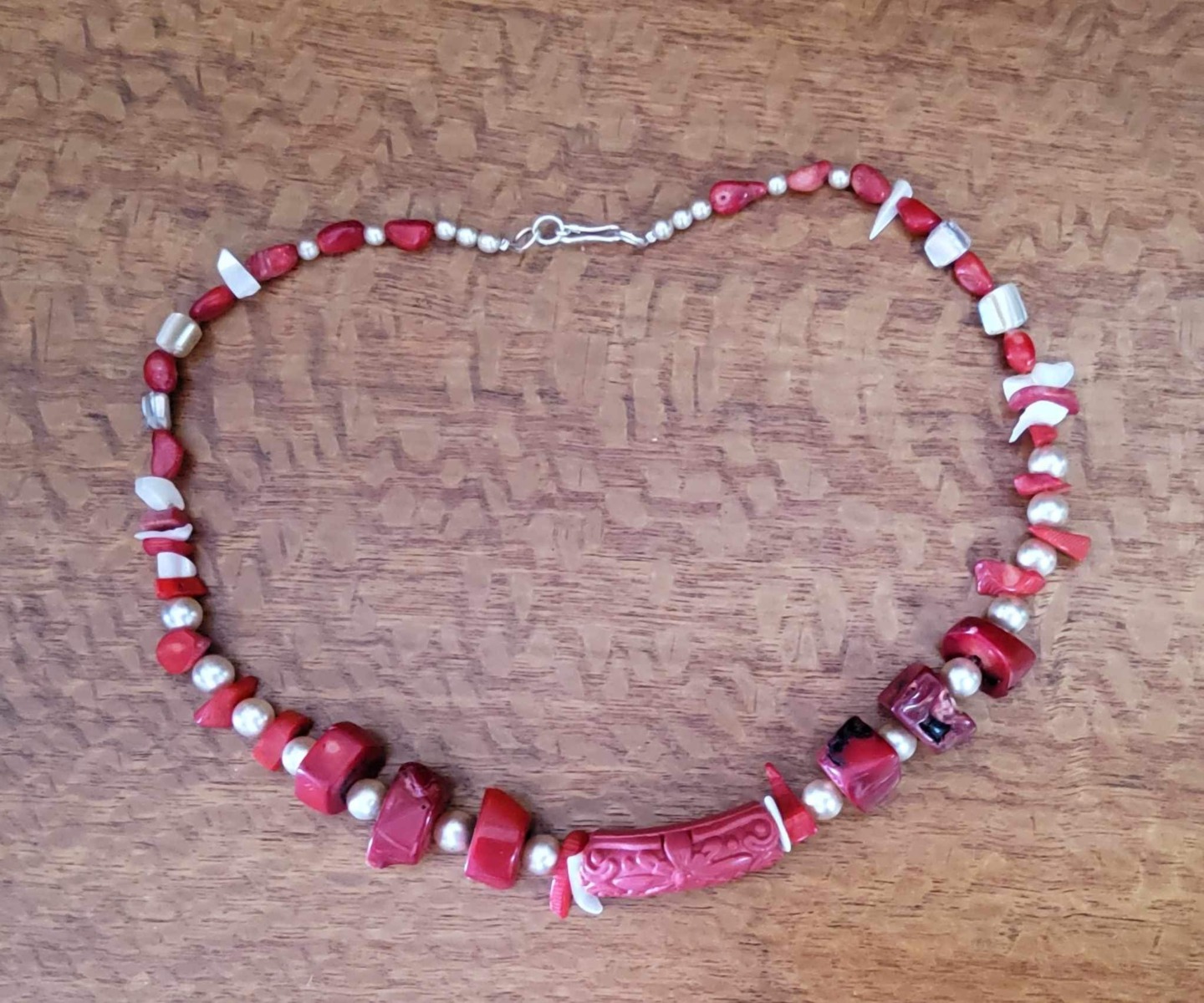 "RED CARVED RESIN NECKLACE" ~ with Pearls by Sidonia Crompton - Image 2