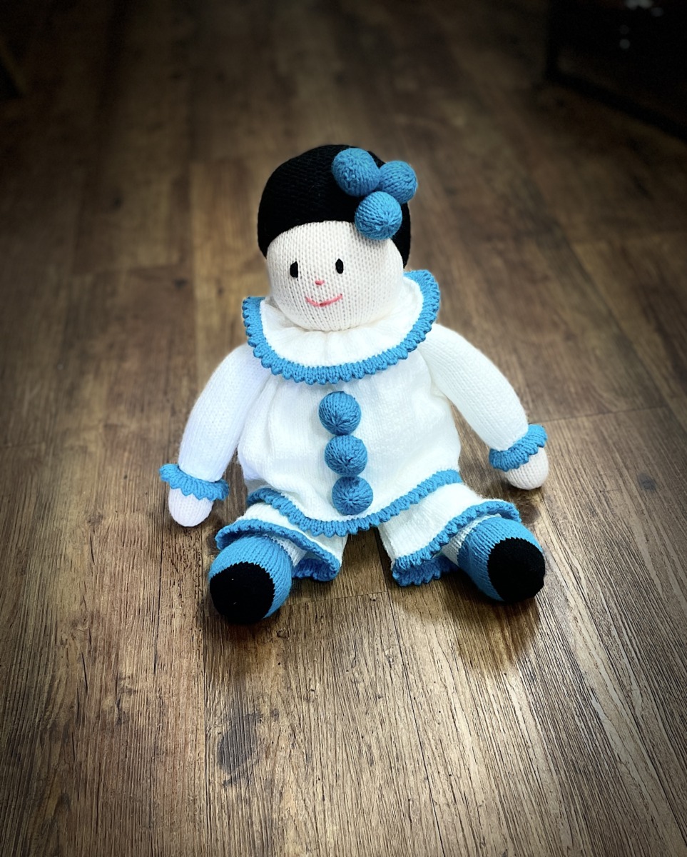 "FRENCH CLOWN IN BLUE ~ Hand Knitted Soft Toy by Lee Stewart