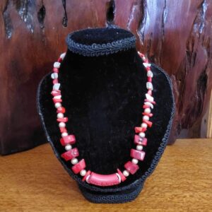 "RED CARVED RESIN NECKLACE" ~ with Pearls by Sidonia Crompton