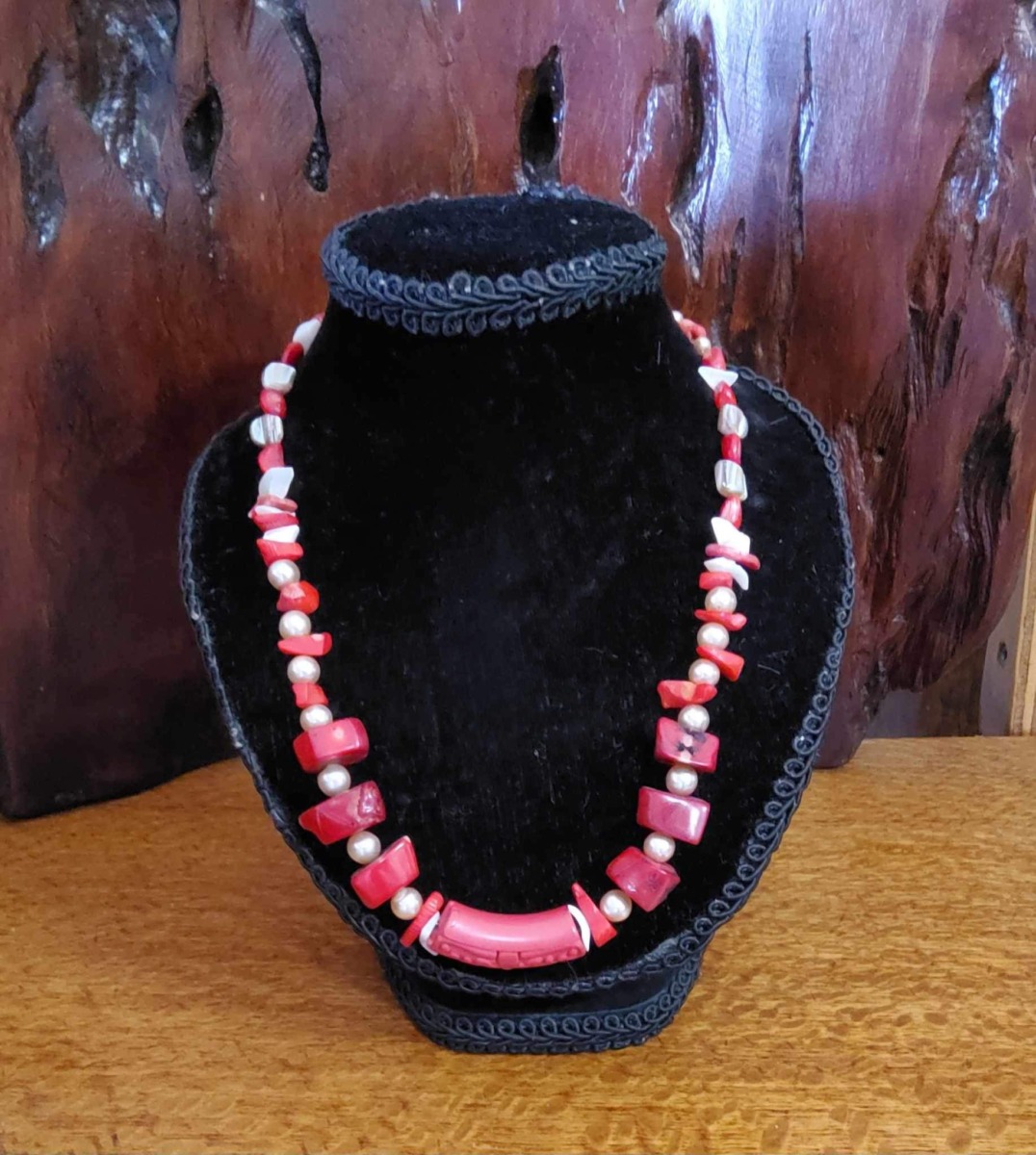 "RED CARVED RESIN NECKLACE" ~ with Pearls by Sidonia Crompton