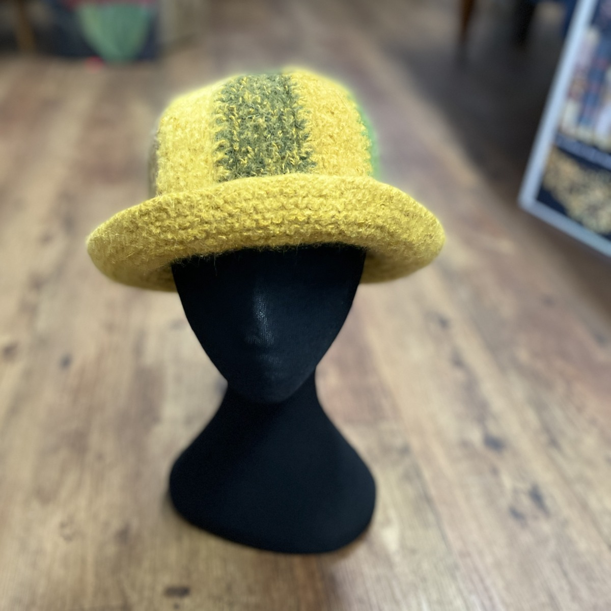 Knitted Felted Hat in Greens Yellow & Brown