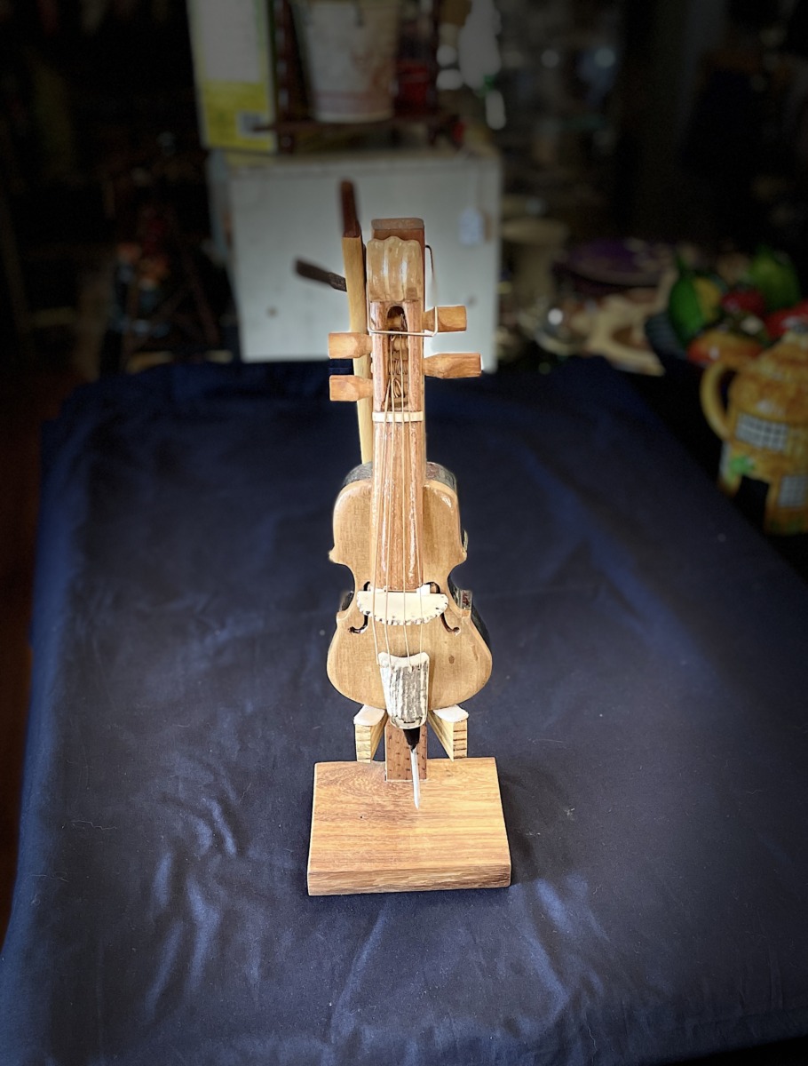 Hand Carved Cello and Bow on a Stand - Image 4