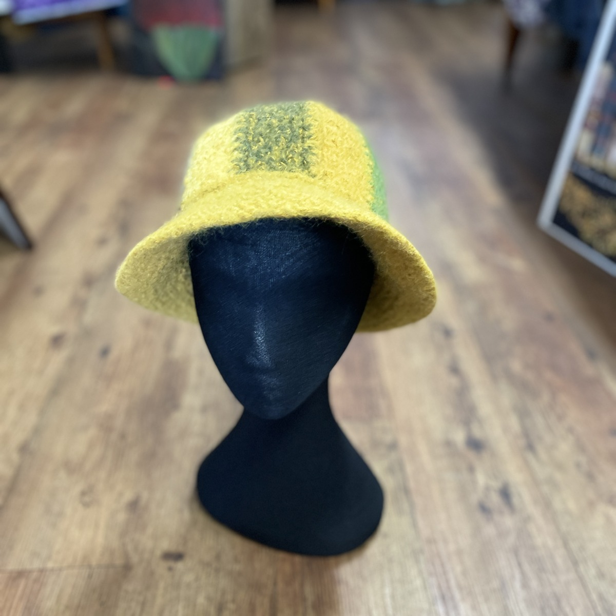 Knitted Felted Hat in Greens Yellow & Brown - Image 2