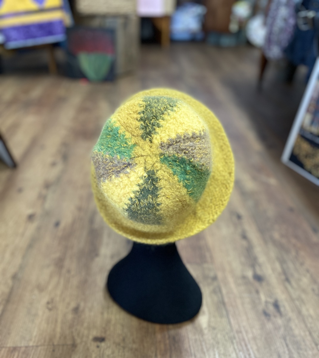 Knitted Felted Hat in Greens Yellow & Brown - Image 3