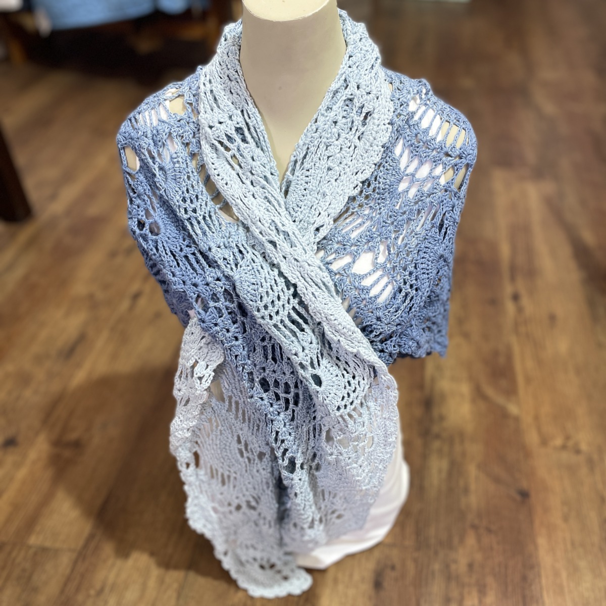 Hand Crocheted Shawl - Pineapple in Ombre Blues