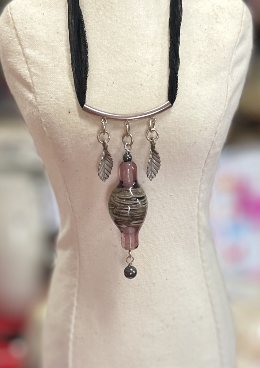 "GLASS ELONGATED LAMPWORK PENDANT" ~ on Silk Necklace by Susan Wellingham