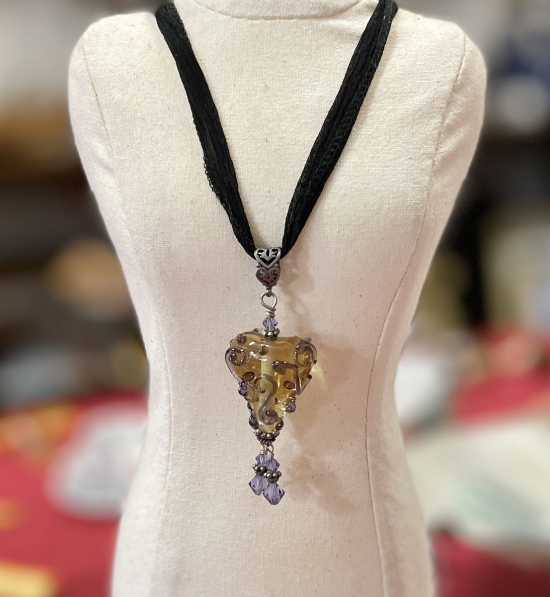 "GLASS HEART LAMPWORK PENDANT" ~ on Silk Necklace by Susan Wellingham