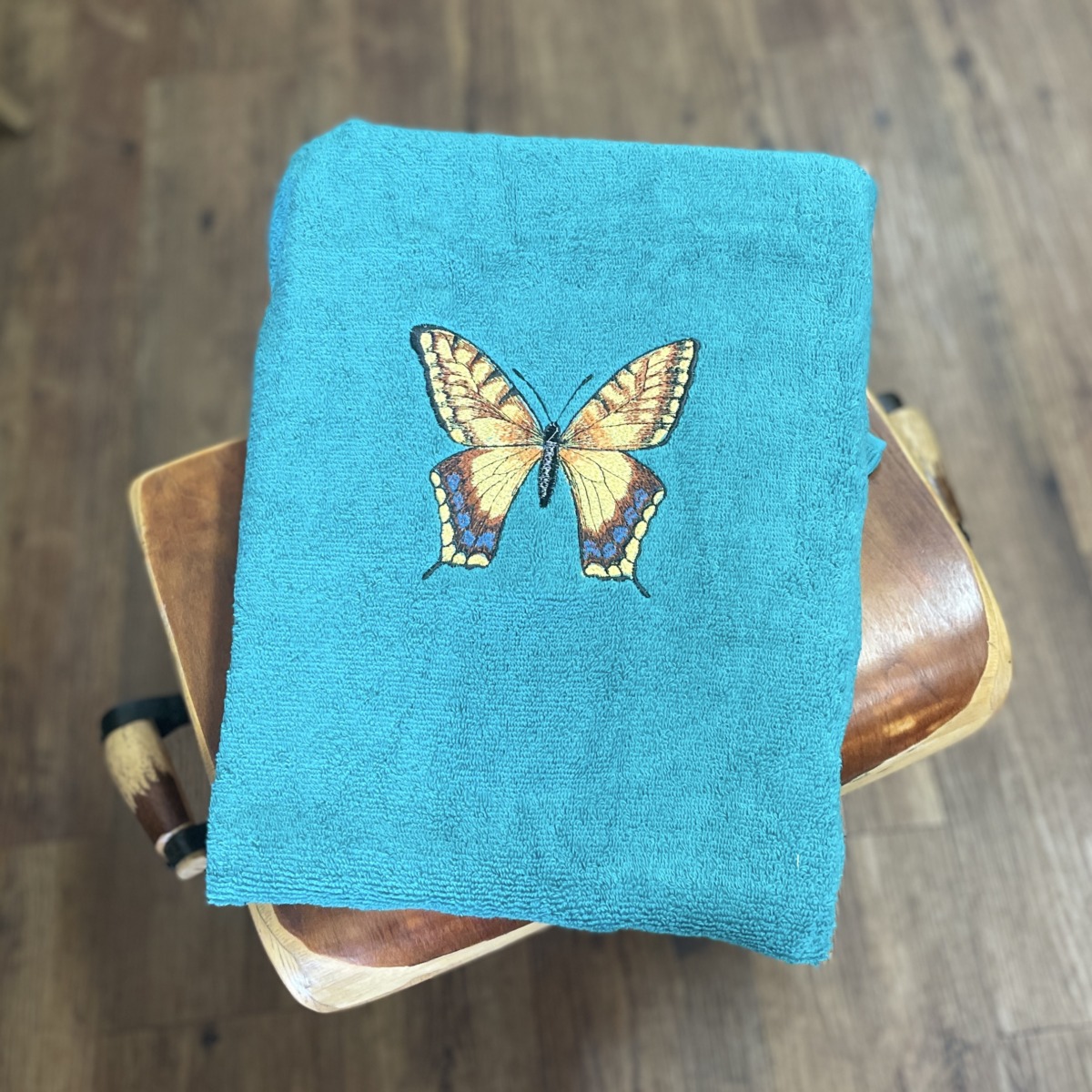 "JADE GREEN BATH TOWEL ~ With Machine Embroidered Butterfly by Christine Else - Image 5