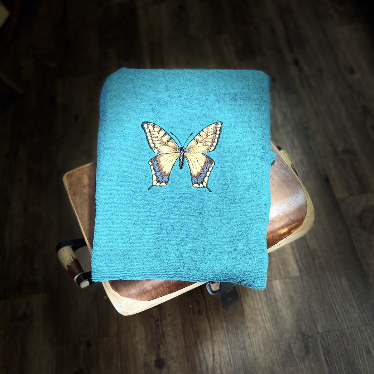 "JADE GREEN BATH TOWEL ~ With Machine Embroidered Butterfly by Christine Else - Image 4