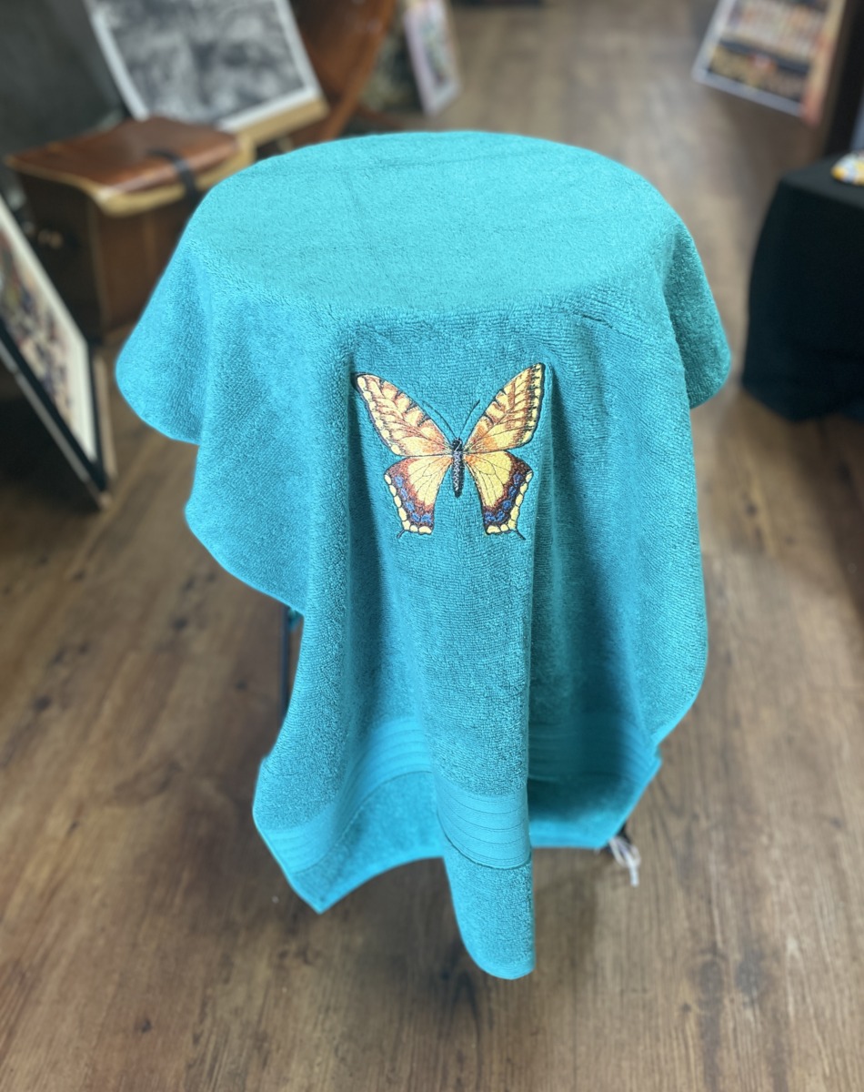 "JADE GREEN BATH TOWEL ~ With Machine Embroidered Butterfly by Christine Else - Image 3
