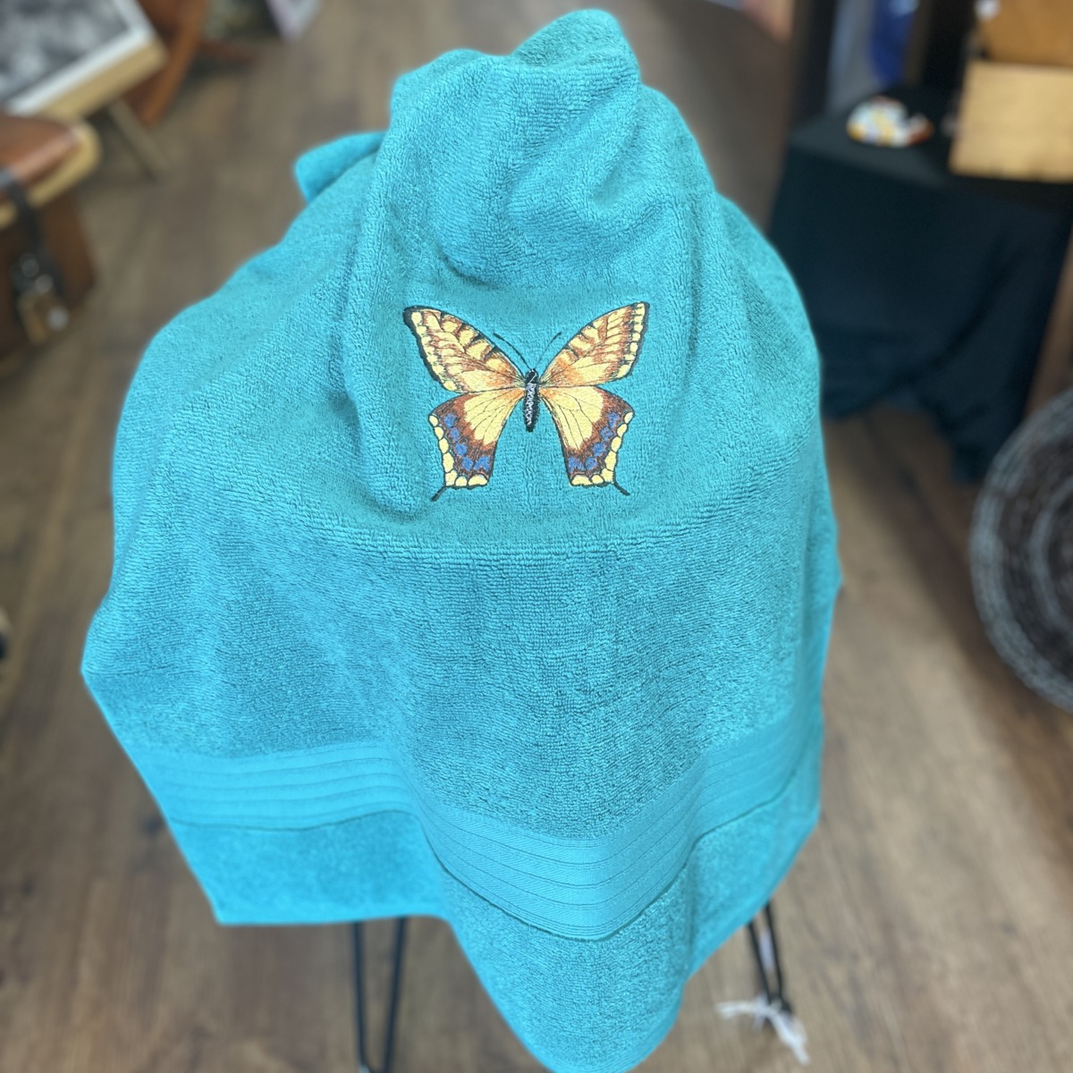 "JADE GREEN BATH TOWEL ~ With Machine Embroidered Butterfly by Christine Else - Image 2