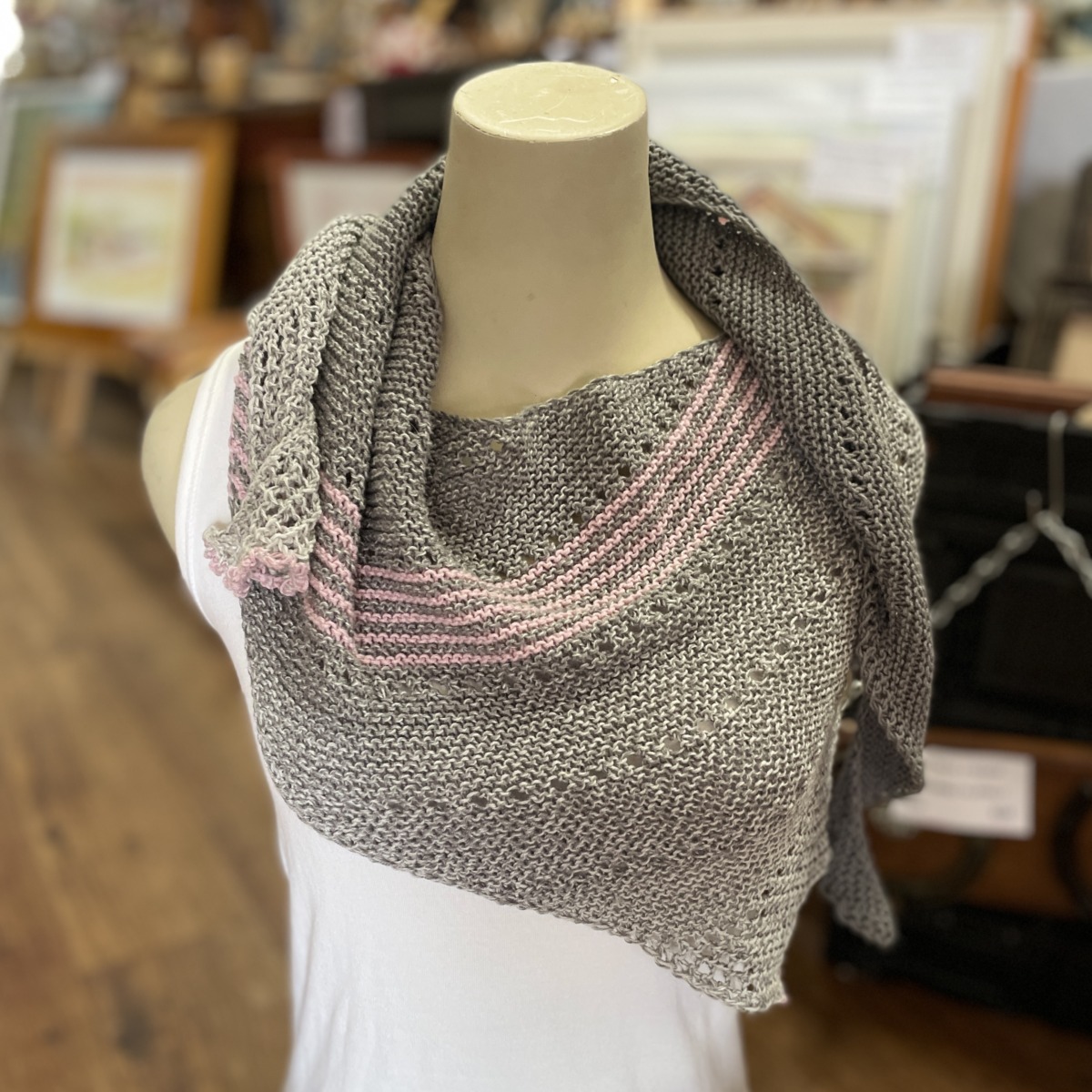 "LADIES ASYMMETRICAL SCARF" ~ in Grey with Pink Stripes by Anne Grant - Image 2