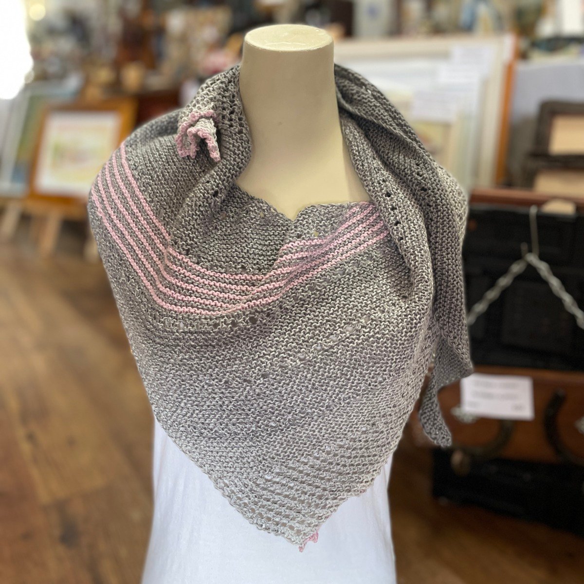 "LADIES ASYMMETRICAL SCARF" ~ in Grey with Pink Stripes by Anne Grant - Image 3