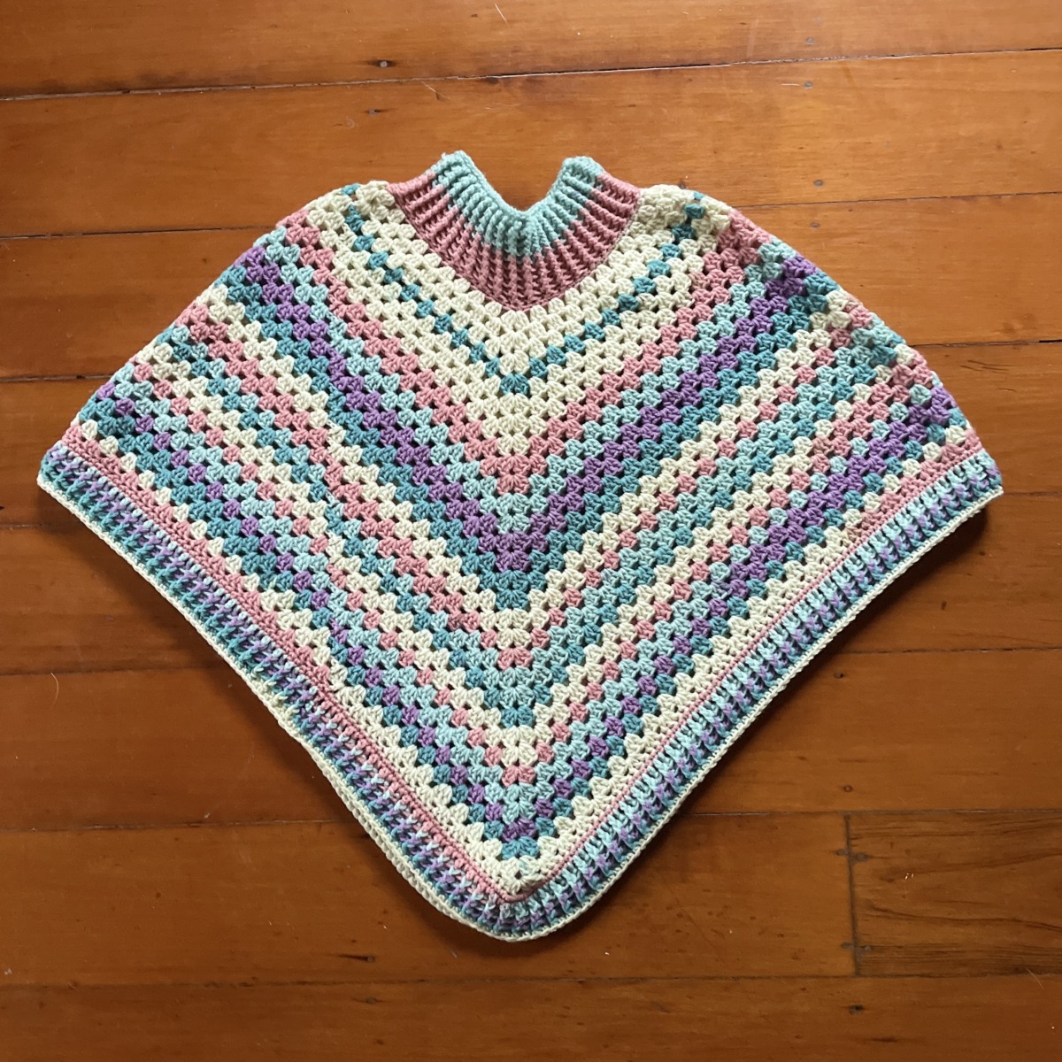 Hand Crocheted Poncho Pink Greens Purple & Cream - Image 3