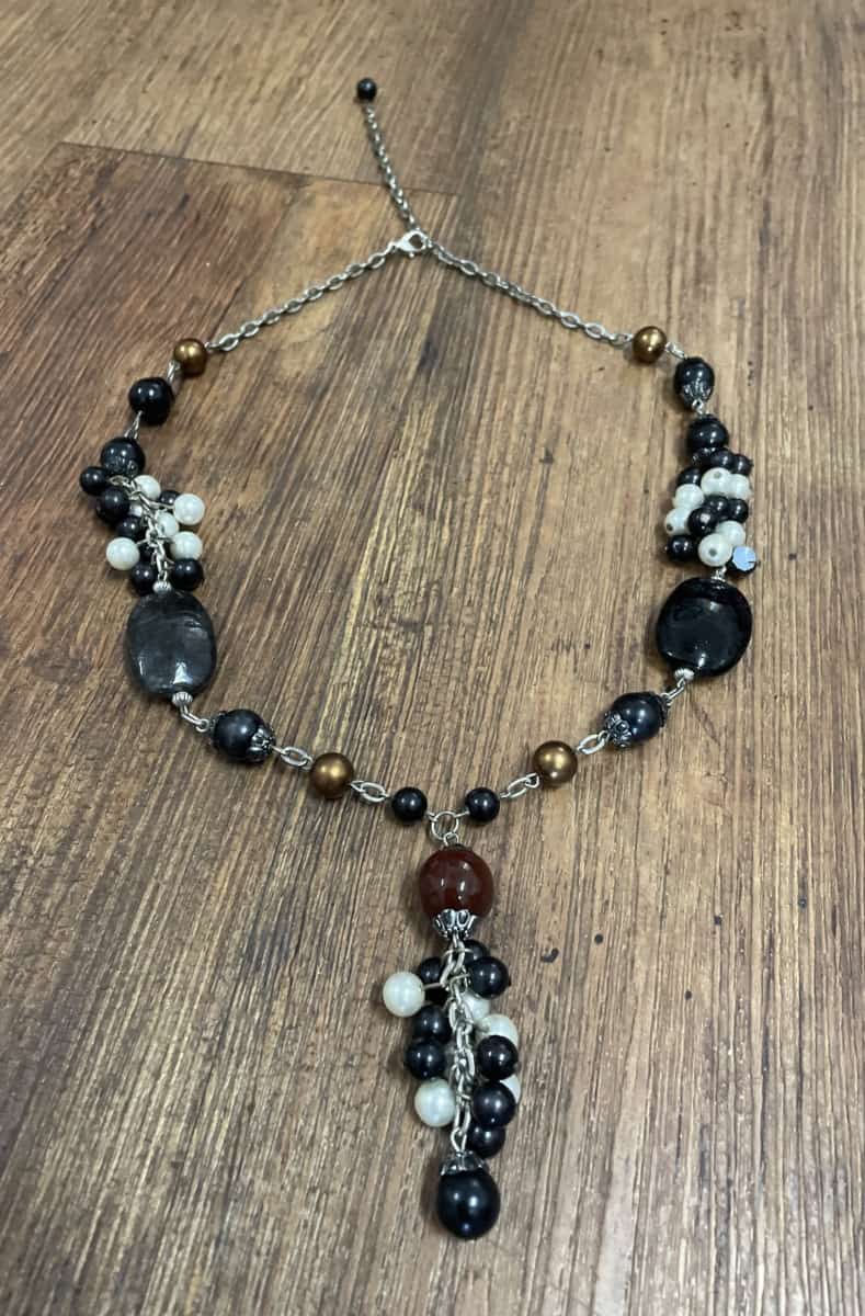 Black Beaded Necklace with Pearl Beads & a feature Burgundy Bead - Image 2