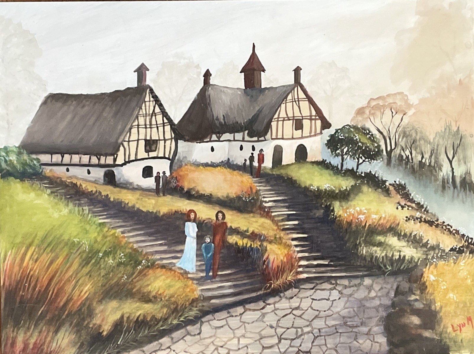 "FOGGY VILLAGE MORNING" ~ Original Mixed Media Painting by Lyn Mason