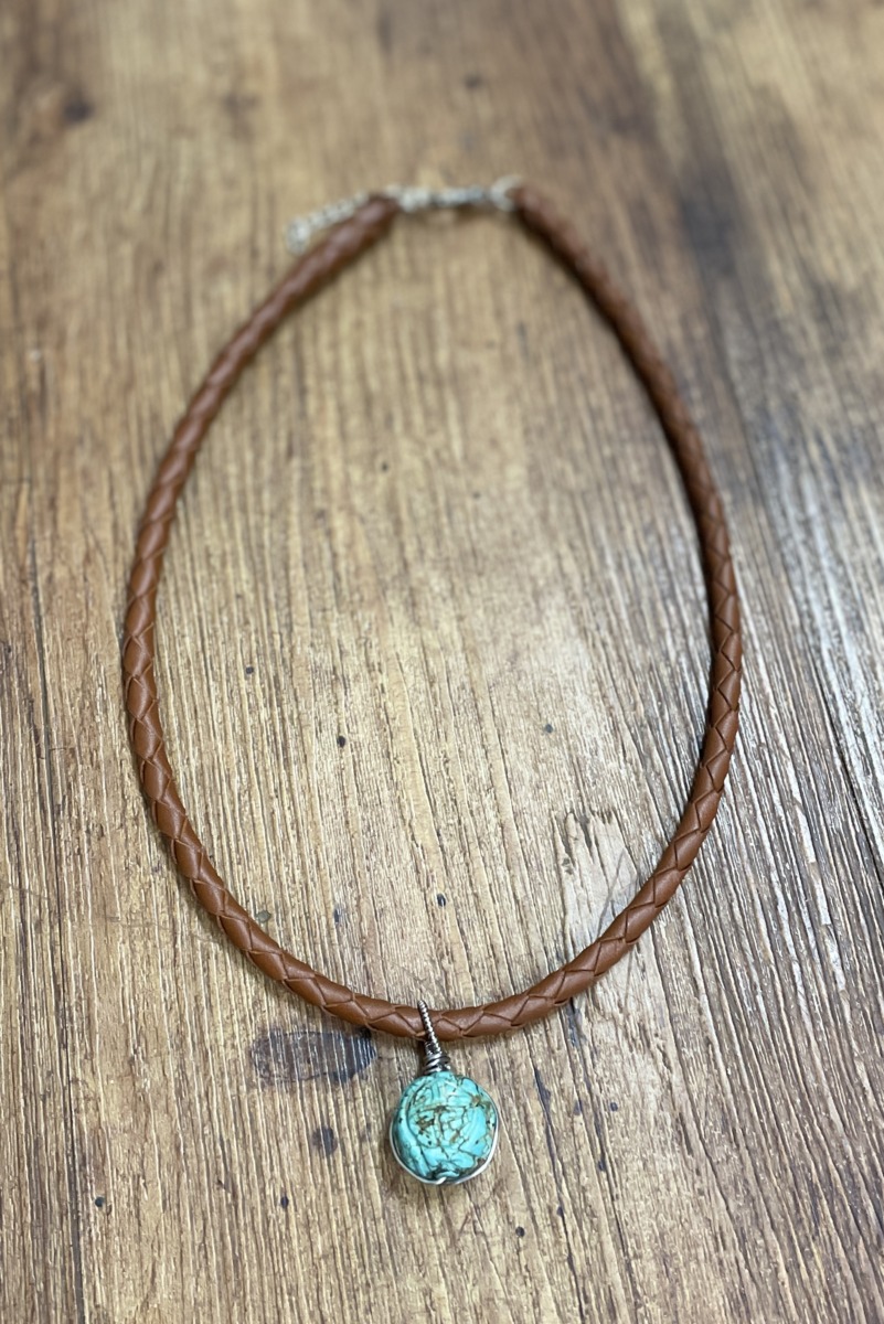 "PLAITED LEATHER NECKLACE - Tan with Turquoise Pendant" ~ by Wanita Stanley - Image 3