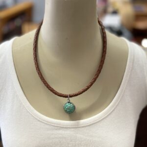 "PLAITED LEATHER NECKLACE - Tan with Turquoise Pendant" ~ by Wanita Stanley