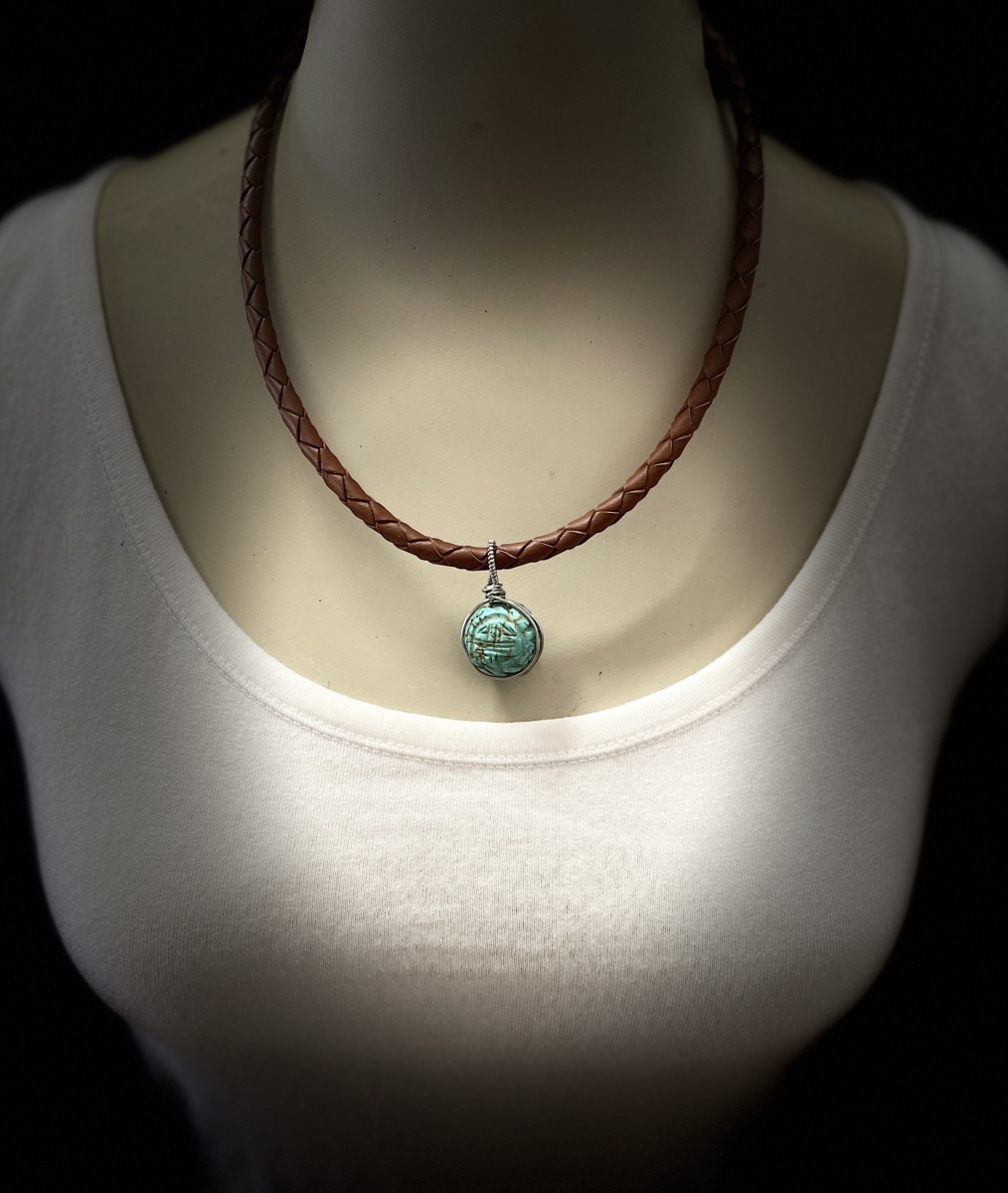 "PLAITED LEATHER NECKLACE - Tan with Turquoise Pendant" ~ by Wanita Stanley - Image 2