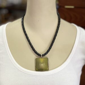 "PLAITED LEATHER NECKLACE" ~ in Black with Olive Green Enamel Pendant by Wanita Stanley